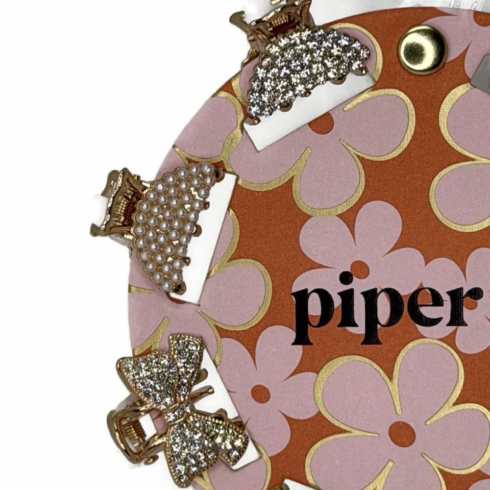 Piper K Gold Tone faux Pearl Silver Rhinestones Mini Hair Claw Clips Set of 8